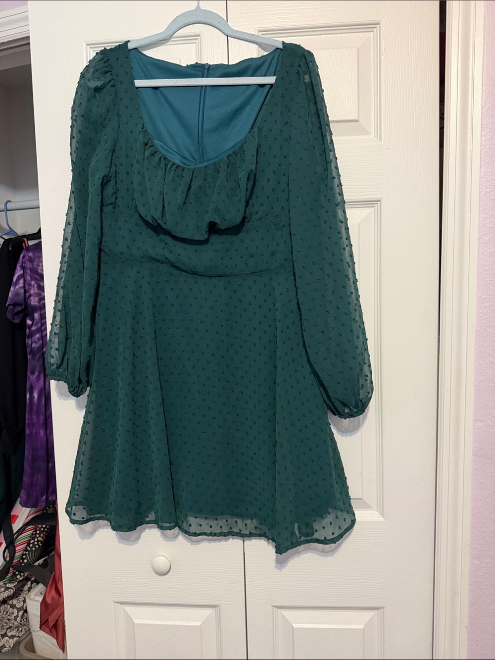 Green Swiss Dot Mini Dress with Ruffle Neckline